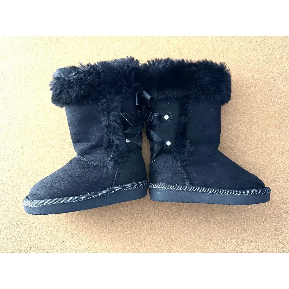 Toddler Girls Faux Suede Snow Boots | Black | Faux Fur Trim Bow Accents | Size 5